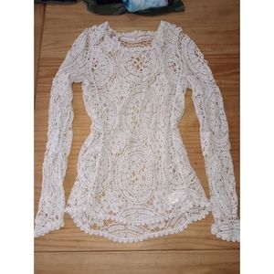 Lace Crochet Overlay Long Sleeve Top Layer Blouse